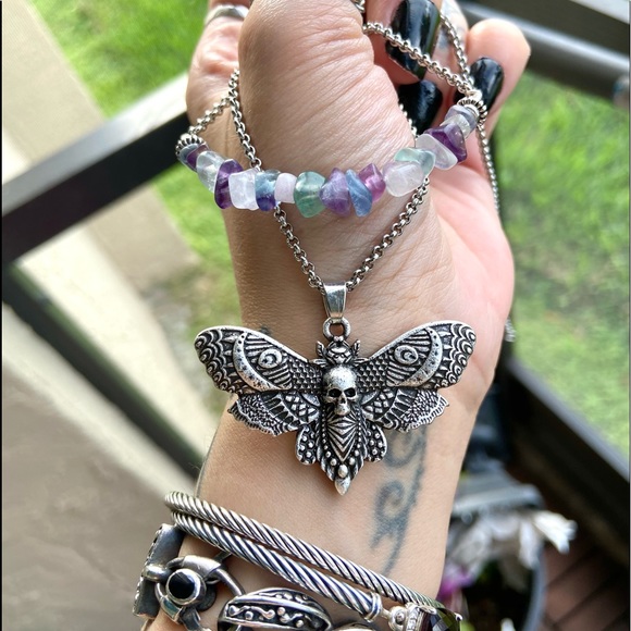 Double layer moth skull moon charm & gems of your choice goth boho necklace - Picture 13 of 13